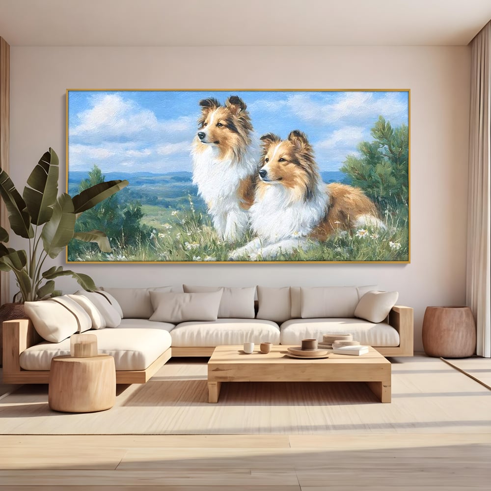 Tablou canvas cu tablou canvas cu doi caini ciobanesti pe un deal, in rama de aluminiu auriu, pe perete intr-un living
